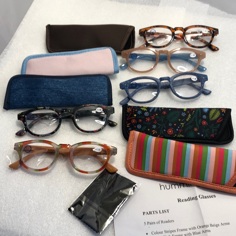 Set of 5 QVC Blue Block Reading Glasses Brand New 3.5 Strength With Cases